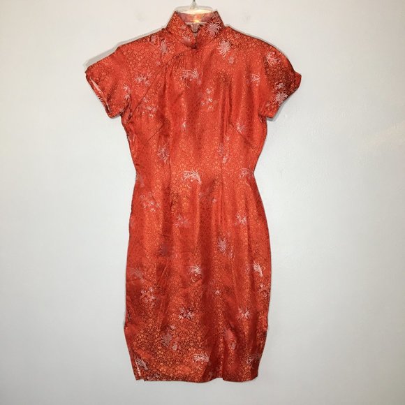Vintage 60s Red Brocade Asian Chinese Cheongsam Dress Qipao Traditional (T3) - Picture 8 of 16